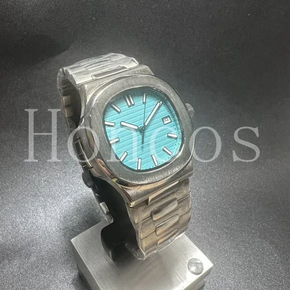Custom Made Watch Nautilus Style Automatic Movement Silver Case Blue Dial NH35